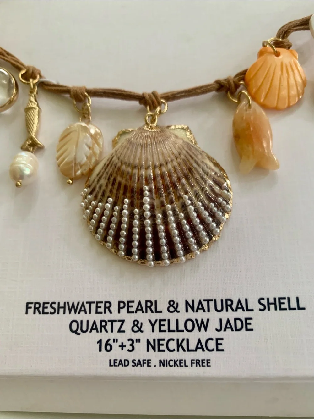 House of Harlow 1960 Brown Cord Shell & Pearl Charm Necklace with Gold Accents